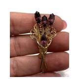 VINTAGE GOLDTONE CALLA LILY FLOWER FILIGREE BROOCH W/ PURPLE RHINESTONES 2" LONG