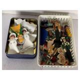 THOMAS KINKADE TIN FULL OF CERAMIC ANGEL ORNAMENTS & BASKET FULL OF SMALL WOODEN CHRISTMAS ORNAMENTS (BASKET NOT INCLUDED)