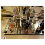 VINTAGE MIRRORED VANITY TRAY 16" X 9" & ALL CONTENTS OF ASSORTED PERFUME/COLOGNE