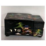 VINTAGE JAPANESE BLACK LACQUER MUSICAL JEWELRY BOX W/ MIRRORED INTERIOR W/ FIGURINE DANCING (WORKS) - HINGE NEEDS TO BE REPAIRED & RIGHT SIDE HAS DAMAGE 11" LONG X 5" TALL X 6 3/4" WIDE