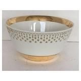 VINTAGE FLARE-WARE BY HALL CHINA CO ATOMIC STARBURST PATTERN W/ WIDE GOLD GILT RIM & BASE 9" ROUND X 4 1/2" TALL