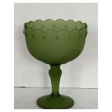 VINTAGE INDIANA GLASS FROSTED SATIN OLIVE GREEN COMPOTE/CANDY DISH 7 1/2" TALL X 6" ROUND
