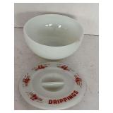 VINTAGE ANCHOR HOCKING WHITE MILK GLASS "DRIPPING" BOWL W/ LID 5" ROUND