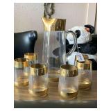 VINTAGE COCKTAIL PITCHER W/ 6 MATCHING GLASSES - ALL HAVE WIDE GOLD BAND AT TOP & BOTTOM (PITCHER 10 1/2" TALL)