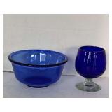 VINTAGE COBALT BLUE BRANDY SNIFTER 4" TALL & VINTAGE ANCHOR HOCKING COBALT BLUE SMALL MIXING BOWL 6" ROUND X 3" TALL