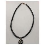 VINTAGE HEMATITE BEADED NECKLACE W/ AVON BLACK MIDNIGHT LUCITE ROSE BUD PENDANT 17" LONG