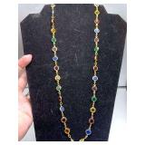VINTAGE AUSTRALIAN CRYSTAL BEZEL SET COLORFUL NECKLACE 33" LONG (MISSING 1 CRYSTAL)