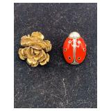 VINTAGE RED ENAMEL PENDANT/BROOCH & VINTAGE GOLDTONE ROSE SCARF CLIP