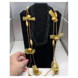 BLACK MULTI STRAND BEADED NECKLACE 19" LONG & LONG GOLD BEADED & BALL NECKLACE 32" LONG