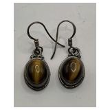 STERLING SILVER 925 W/ BROWN TIGER CATS EYE STONES PIERCED EARRINGS