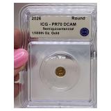2026 SESQUICENTENNIAL COMMEMORATIVE GOLD MICRO ROUND PR70DCAM PERFECT PROOF DEEP CAMEO GRADED BY ICG LIBERTY BELL & EAGLE 24KT 1/500TH OZ OF GOLD