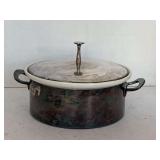 VINTAGE REED & BARTON SILVERPLATE ROUND COVERED CASSEROLE DISH W/ WHITE STONEWARE INSERT 9" ROUND X 3 1/2" DEEP