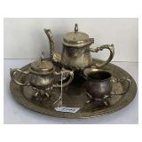 VINTAGE GODINGER SILVER PLATED 4 PIECE SET (10" ROUND TRAY, SMALL COFFEE POT, COVERED SUGAR & CREAMER)