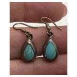 PAIR MEXICO STERLING SILVER 925 PIERCED EARRINGS W/ TEAR DROP TURQUOISE STONES (TOTAL WEIGHT 6.59 GRAMS)