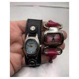 VINTAGE GENEVA BRACELET WATCH (SOME DAMAGE TO BAND) & VINTAGE FOSSIL WATCH ON WIDE LEATHER BAND