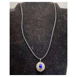 VINTAGE STERLING SILVER LOCKET WITH LAPIS CABOCHON STONE ON BLACK LEATHER ROPE NECKLACE W/ STERLING SILVER CLASP 18" LONG