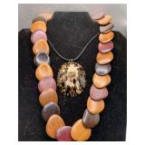 VINTAGE ALL WOOD FLAT BEADED BOHO NECKLACE 18" LONG & VINTAGE BROWN SEA SHELL PENDANT ON ROPE CHAIN 24" LONG
