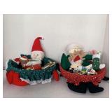 2 CUTE COVERED CHRISTMAS BASKETS FULL OF MISC CHRISTMAS ITEMS