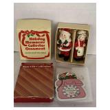 VINTAGE CERAMIC MR & MRS CLAUS ORNAMENTS IN ORIGINAL BOX & VINTAGE AVON SISTER ORNAMENT W/ ORIGINAL BOX