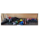 SHELF LOT TO INCLUDE MISC TOOLS INCLUDING NEW 16 PIECE SET HYPER TOUGH SCREWDRIVERS