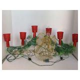 VINTAGE PLASTIC LIGHTED 3 VOTIVE WINDOW LIGHTS & VINTAGE GOLD WIRE LIGHTED ANGEL TOP