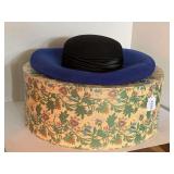 VINTAGE LADIES DAVID M MICHAEL HOWARD 100% WOOL ROYAL BLUE/BLACK WIDE BRIM DERBY HAT W/ VINTAGE HAT BOX