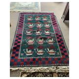 VINTAGE HANDMADE WOOL RUG W/ GREEN CENTER & BIRD MOTIFS 108" X 68" ***SPECIAL PICKUP INSTRUCTIONS