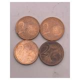 THREE 2007 SPANISH 2 EURO CENT COINS FROM THE EUROPEAN UNION (COPPER PLATED STEEL) FEATURING THE CATHEDRAL OF SANTIAGO DE COMPOSTELA & ONE 2004 BELGIUM 2 EURO CENT FROM THE EUROPEAN UNION (COPPER PLAT