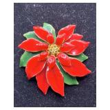VINTAGE ENAMELED POINSETTIA BROOCH 2 1/2" WIDE