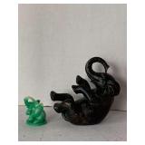 DARK BROWN RESIN BABY ELEPHANT ROLLING ON ITS BACK 6" TALL X 7" LONG & SMALL GREEN RESIN FENG SHUI ELEPHANT 2 3/4" TALL X 1 3/4" WIDE