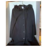 APOSTROPHE LADIES LARGE 14/16 VINTAGE BLACK LONG COAT 80% WOOL W/ FAUX FUR COLLAR