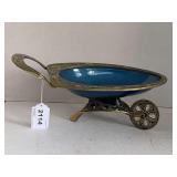 VINTAGE MID CENTURY MODERN TAMAR TRINKET WHEELBARROW BRASS W/ TEAL ENAMEL MADE IN ISRAEL 11" LONG X 4" TALL