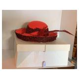 LADIES VINTAGE JACK MCCONNELL BOLLMAN HAT CO 100% WOOL "EXCELLO" RED FELT DERBY HAT W/ FEATHER TRIM W/ HAT BOX