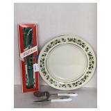 SEIZAN CHRISTMAS HOLLY BERRY PLATE 12" ROUND, SET HOLLY SERVING FORK & KNIFE SET & SET OF HOLLY CHEESE SERVERS