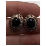 PAIR STERLING SILVER 925 PIERCED EARRINGS W/ OVAL BLACK ONYX STONE (TOTAL WEIGHT 4.74 GRAMS)