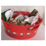 RED PLASTIC TUB FULL OF VINTAGE CHRISTMAS CANDLE ORNAMENTS, NEW WHITE DOVES & MORE