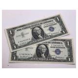 2 ONE DOLLAR 1957 BLUE SEAL SILVER CERTIFICATES WITH CONSECUTIVE SERIAL NUMBERS (CRISP & IN GREAT CONDITION)