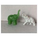 GREEN FAUX JADE FENG SHUI LUCKY ELEPHANT 3" TALL X 3" LONG & VINTAGE WHITE CERAMIC ELEPHANT 2 1/4" TALL X 3" LONG