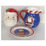 VINTAGE SMALL SANTA COOKIE JAR 6" TALL, WATER PITCHER 6 1/2" TALL & COOKIE PLATE 7 3/4" ROUND