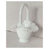 VINTAGE FENTON WHITE HOBNAIL MILK GLASS BASKET WITH RUFFLED RIM 6 1/2" TALL X 4 1/2" DEEP
