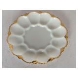 VINTAGE ANCHOR HOCKING MILK GLASS EGG TRAY W/ 22K GOLD TRIM 10" ROUND