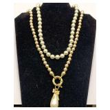 WHITE FAUX PEARL NECKLACE 16" LONG & CREAM LONG FAUX NECKLACE WITH LARGE FAUX TEARDROP PENDANT 27" LONG