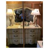 VINTAGE WHITE/CREAM PROVINCIAL 6 DRAWER DRESSER W/ MIRROR 53" LONG X 20" DEEP X 35" TALL (MIRROR 38" X 33" TALL)