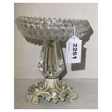 VINTAGE HOLLYWOOD REGENCY CRYSTAL CANDY PEDESTAL DISH ON METAL STAND 6" TALL X 6" ROUND