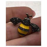 VINTAGE STERLING SILVER 925 BUMBLE BEE BROOCH W/ YELLOW ENAMEL & MARCASITE