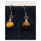 PAIR STERLING SILVER 925 PIERCED EARRINGS W/ BROWN TIGER EYE BALL (TOTAL WEIGHT 2.10 GRAMS)