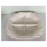 VINTAGE JEANNETTE GLASS CO SHELL PINK MILK GLASS 4 SECTION DIVIDED SERVING DISH "VINEYARD" 13" SQUARE X 3 1/4" TALL X 5" ROUND