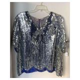 VINTAGE CHANNA 100% SILK BLUE/SILVER HEAVY BEADED/SEQUIN EVENING TOP SIZE XL