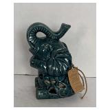 CERAMIC DARK BLUE/GREEN POTTERY ELEPHANT THAT HOLDS SCENTED SACHET OR TEA LIGHT 7" TALL X 4 1/2" WIDE