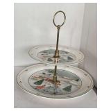 VINTAGE SANGO "SILENT NIGHT" 2 TIER SERVING TRAY W/ ICE SKATING BY JOAN LUNTZ 11" TALL X 11" ROUND